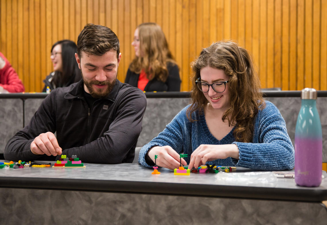 As part of a pilot project that began in September, students have been using the plastic blocks in much the same way as is done by children — to playfully tell stories. “The students put the bricks together in their own way, and they make up their own metaphors for what the bricks could mean,” says Heyne. 