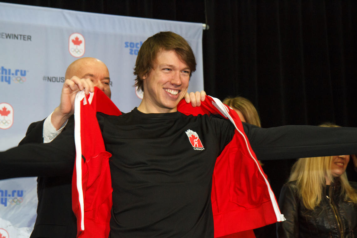 Mathieu Giroux of Pointe-aux-Trembles, Que., suits up in his new Canadian Olympic Speed Skating Team jacket.