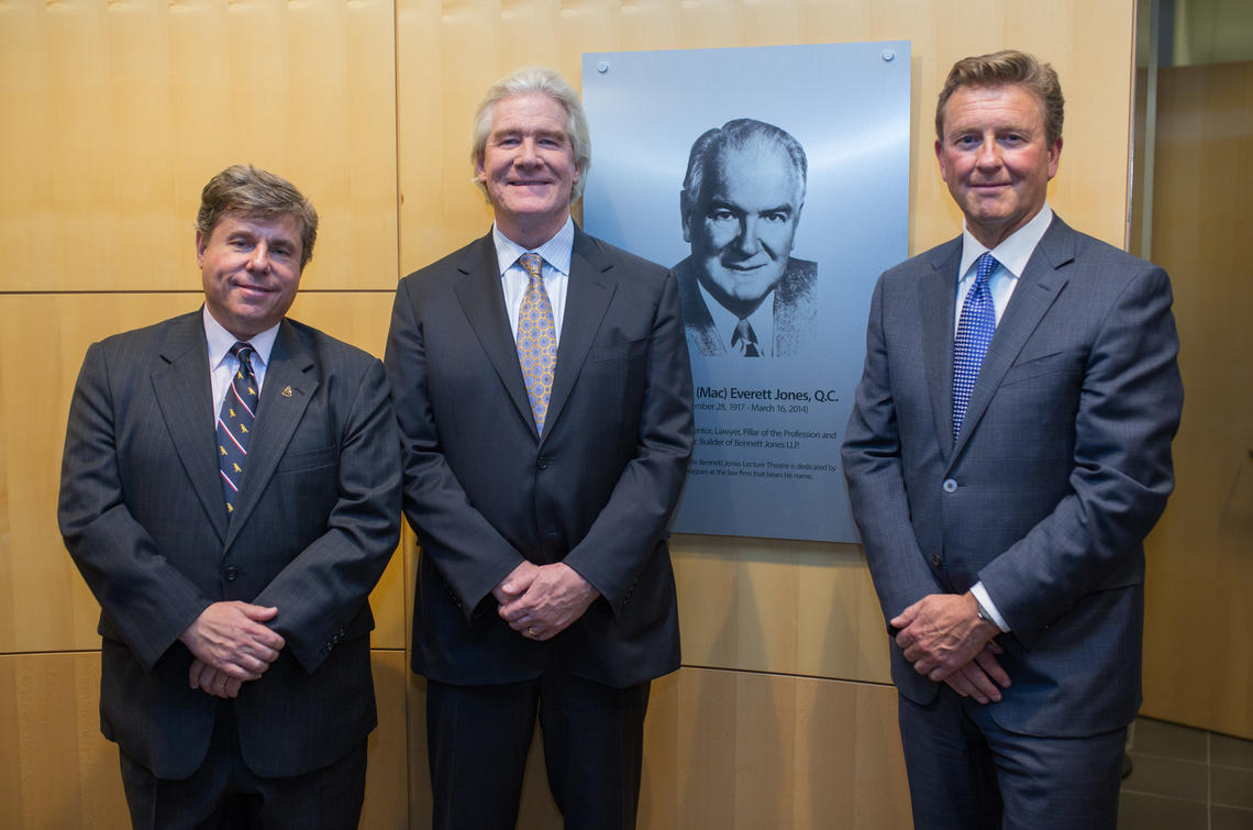 From left: Dean Ian Holloway, Faculty of Law; the Honorable Justice Craig Jones (Mac Jones' son); Perry Spitznagel, vice-chairman and Calgary managing partner, Bennett Jones LLP. 