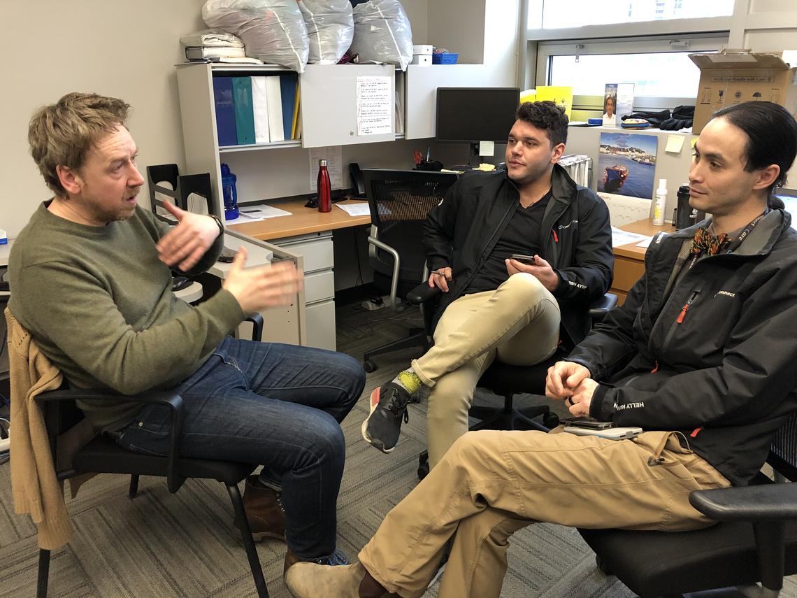 CAMPP team members meet to determine priorities for the day. (from left, Simon Colgan, Troy Speechly, Dan Grover).