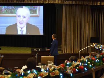 A guest asks a question of former Prime Minister Brian Mulroney during a virtual conversation on Monday, Nov. 29.