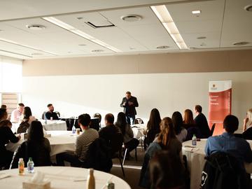 Former Calgary mayor Naheed Nenshi speaks to the Graduate College