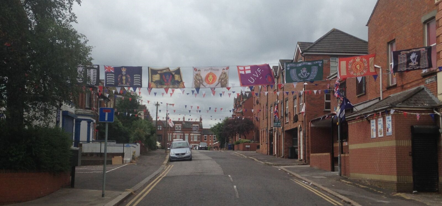 Political flags mark the streets in Castlereagh, Belfast. Brooke Bull's PURE research looked at tensions in post-conflict Northern Ireland.