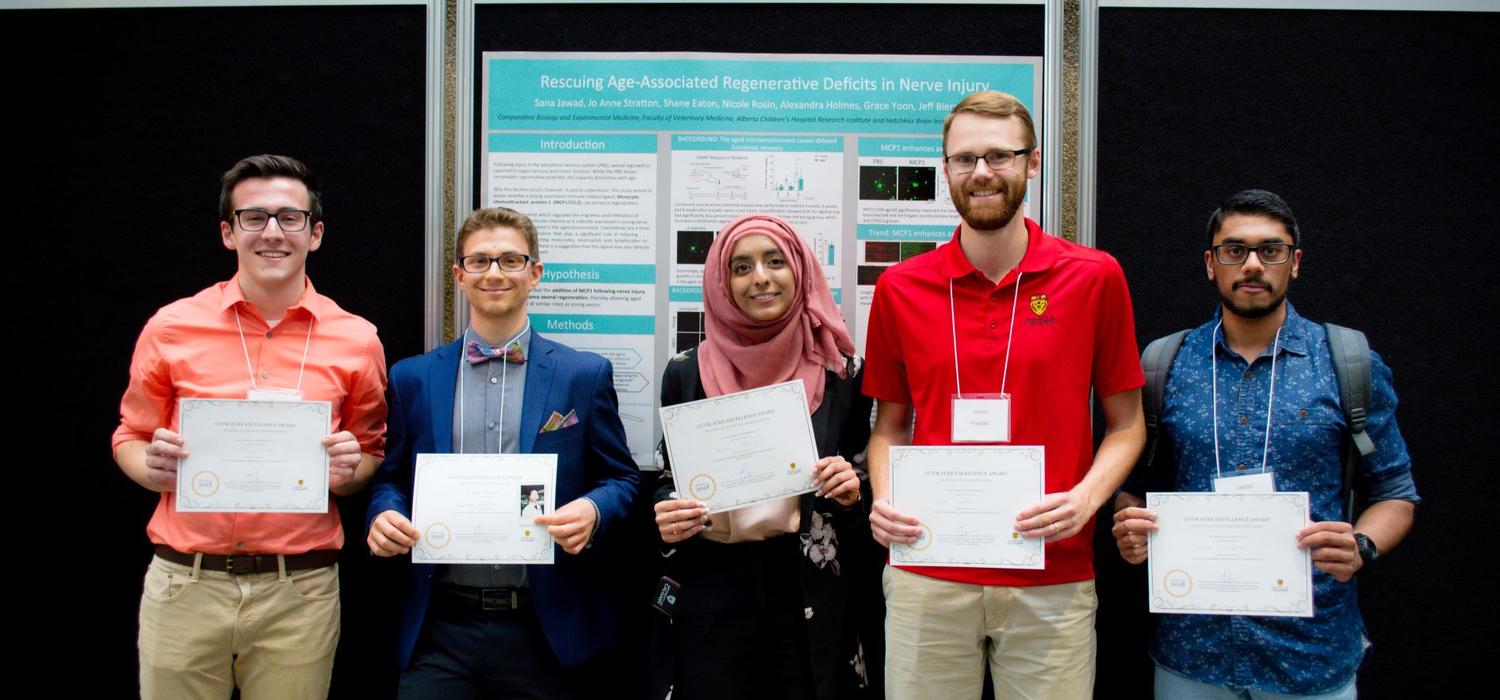 The winners of the UCVM SURE Research Day are, from left: Jeffrey Kates (runner-up best poster), Mitchell Ashkin (best platform presentation), Sana Jawad (runner-up best platform presentation), Jesse Pawlak (best poster presentation) and Jacob Varghese (runner-up best platform presentation).