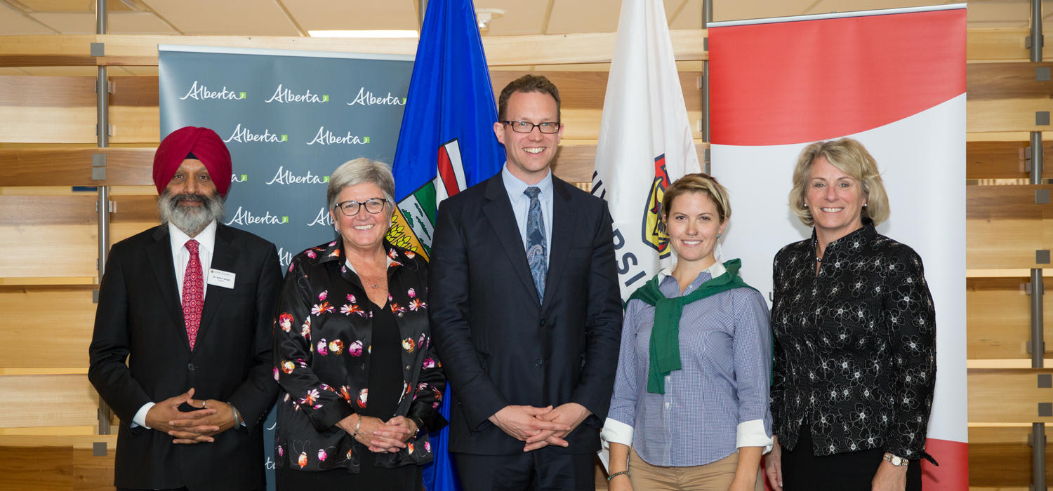 Taking part in the announcement at the University of Calgary were, from left: Faculty of Veterinary Medicine Dean Baljit Singh, Provost Dru Marshall, Minister of Advanced Education Marlin Schmidt, student Elizabeth Riddett, and President Elizabeth Cannon.