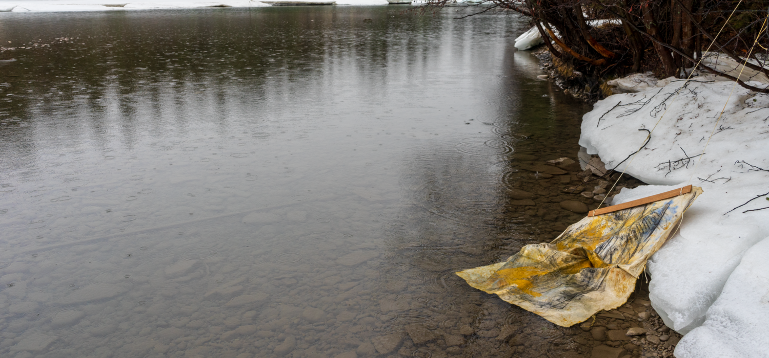 Canvas painting laying on the bank of a river.