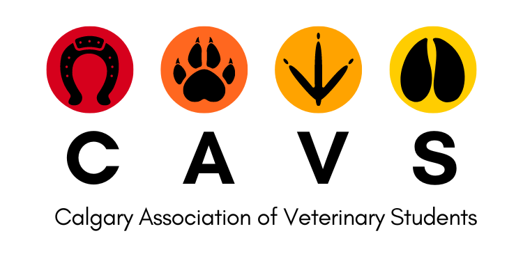 Calary Association of Veterinary Students (CAVS) logo with symbol of horseshoe, paw print, avian print, and cow hoofprint above each letter.