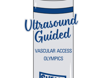 A cartoon ultrasound gel bottle that reads Ultrasound Guided Vascular Access Olympics by SVECCS