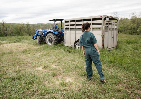 women standing near a tractor and trailer